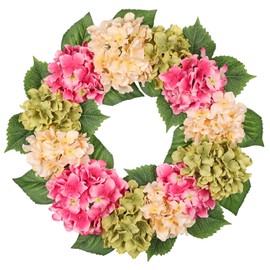 Oairse 20 Inch Artificial Hydrangea Wreath for Front Door Silk Flower Wreath with Pink and Green Blooms Spring and Summer Faux Floral Wreaths for Indoor Outdoor Wall Porch Farmhouse Decor