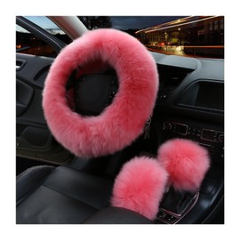 Ziciner 3PCS Wool Steering Wheel Cover with Fuzzy Handbrake Cover & Gear Shift Cover, Universal 15 Inch Steering Wheel Fluffy Soft Protector, Comforting Warm Car Decoration for Women Men (Pink)
