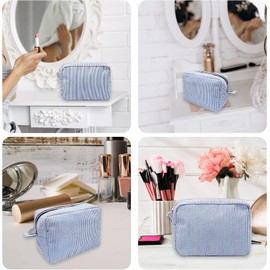 Makeup Bag for Women, Cute Cosmetic Bag, Lightweight Toiletry Make up Bag, Large Seersucker Aesthetic Organizer Storage Pouch for Girls, Women and Moms Gifts, Blue