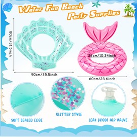 Juexica 4 Pack Mermaid Pool Float Rings Shell Swimming Float Tube Inflatable Glitter Confetti Pool Ring Raft Seashell Shaped Mermaid Tail for Swimming Summer Beach Party Decorations