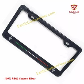 Exotic Carbon Fiber Maserati Silver Tridents Only with Italy Stripe Carbon Fiber License Plate Frame