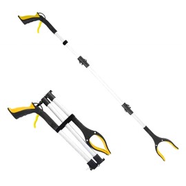 44 Inch Grabber Reacher Tool, Three-Section Foldable Long Reach Grabber, Trash Fruit Pickup Stick Tool with 360° Rotatable Strong Magnetic Grabber Head Aluminum Alloy Rod (Yellow)