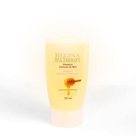 Shampoo hecho a base de esencias miel de abeja. / Limpieza con hidratación/. Caja con 250 unidades de 35 ml. Amenidades Hoteleras.