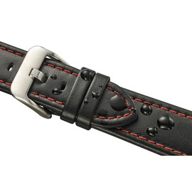 ALPINE Genuine waterproof leather watch band with quick release spring bars - black leather watch strap 18mm - red stitching