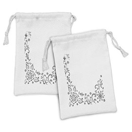 Ambesonne Black and White Fabric Pouch Set of 2, Monochrome Floral Framework Herbs Swirled Leaves Botanical Sketchy Bouquet, Small Drawstring Bag for Toiletries Masks and Favors, 9" x 6", Black White