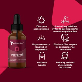 Extraherbos Aceite de Ricino Puro, orgánico 100% Natural Prensado en Frío - Estimula el Crecimiento de Pestañas, Cejas y Barba - Tratamiento Capilar Anti Frizz y Caída - Para Cejas Pobladas y Cabello Saludable - Sin Hexano
