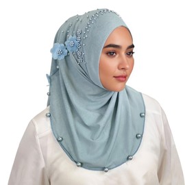 AIBEARTY Women's Modest Beaded Flower Muslim Instant Hijab Scarf Soft Islamic Arab Ready to Wear Headscarf Shawl Wrap Turban