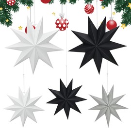 mizikuu Pack of 5 Paper Stars for Christmas Decoration, 3D Folding Star Christmas 9 Points Star Decoration Poinsettia Stars Paper for Hanging Window Decoration for Advent, Christmas Tree