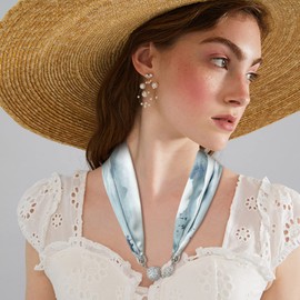 LumiSyne Women Silk Scarf Necklace Magnetic Buckle With Rhinestone Small Neckerchief Clavicle Chain Headdress Pendant Scarf