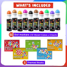 Chalkola 50 Dot Markers Bulk Classroom Pack (10 Colors W/Gold, 5 Activity Books) | Washable Bingo Daubers for Kids Toddlers Ages 1 2 3 4 5 - Art & Craft School Supplies for Preschool, Kindergarten