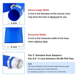 DAVCO 3" x 25 ft Pool Backwash Hose, 3” Diameter and 5” Flat Wide Heavy Duty Reinforced Blue PVC Lay Flat Water Discharge Pump Hoses For Swimming Drain Pools and Clean Filters,with 1 Clamp