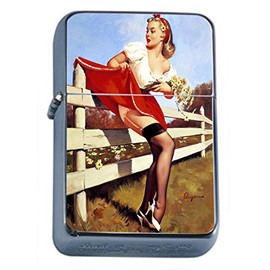 Perfection In Style Silver Flip Top Oil Lighter Vintage Farm Girl Design 011