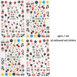 FSpronail Pool Ball Stickers for Nails Art, 5D Embossed NO.8 Black Balls Nail Stickers Dice Cards Flame Cherry Nail Decals Self-Adhesive Y2K Design Manicure Salon Supplies Pegatinas Uñas 4PCS