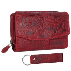 Chunkyrayan P GB-6 Genuine Leather Women's Wallet High-Quality Vintage RFID Protection with Leather Keyring Red Flower