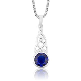 DTPsilver® 925 Sterling Silver Necklace - Celtic Knot Pendant with Coloured Glass Stones - With Curb Chain - Spring Ring Clasp - Width: 1.2 mm - Adjustable Length: 16" to 18" Inches - Blue Sapphire