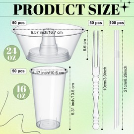 Jingmore 50 Sets Snack and Drink Cup, Disposable Clear Plastic Cups with Snack Bowl on Top Includes Cups, Bowls, Straws, Forks for Stadium, Movie Night and Party