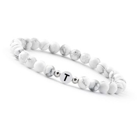 GD GOOD.designs EST. 2015 ® Pearl Bracelet (Howlite White) with Letter - Friendship Bracelet for 2 (Gift for Couples), Silver Plated