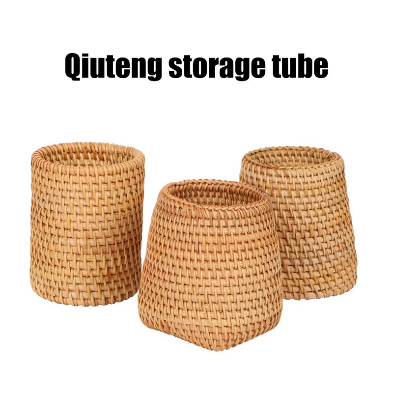 Hand Woven Rattan Pen Holder Cups Wicker Makeup Brush Storage