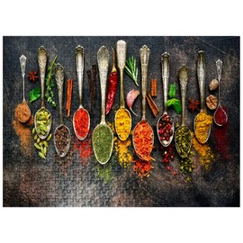 Assortment of Natural Spices On Vintage Spoons On Dark Slate - Premium 500 Piece Jigsaw Puzzle for Adults