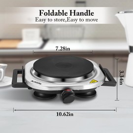 Artilife Mini Hot Plate Small Hot Plate,Small Hot Plate Electric Mini,Mini Hot Plate Electric,Cast Iron Electric Hot Plate,Perfect Size for Moka Pot (1000W Burner with Foldable Handles)