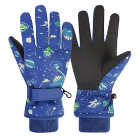 YAPJEB Kids Winter Gloves, Dinosaur Snow Gloves, Waterproof Warm Ski Gloves for Boys and Girls Skating Snowboarding Hiking(Dark Blue-L)