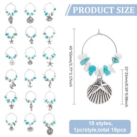 FINGERINSPIRE 18 PCS Beach Wine Glass Charms 2 inches Shell Crab Starfish Seahorse Conch Styles Wine Glass Identifier Charms Tibetan Style Wine Glass Tags for Summer Beach Themed Wine Party