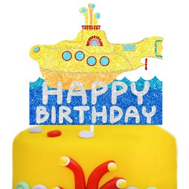 Yellow Glitter Submarine Happy Birthday Cake Decoration - a popular theme birthday party and music themed party decoration supplies - LIANGSS