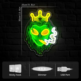 Green Alien Neon Signs LED Lights Crown Smoking Alien Neon Lights LED Signs USB Dimmable Crown Alien LED Neon Lights Signs for Bedroom Game Room Man Cave Bar Party Decor Teens Kids Birthday Gift