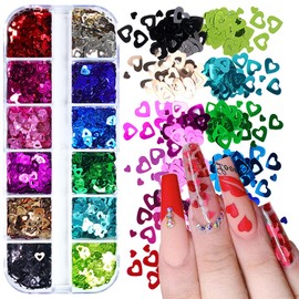 KTAABTR 12 Grids Heart Nail Art Glitter Sequins Valentines Day Holographic Glitter Nail Design 3D Hollow Heart Nail Glitter for Women Girls DIY Manicure Valentines Hearts Nail Glitter Decoration