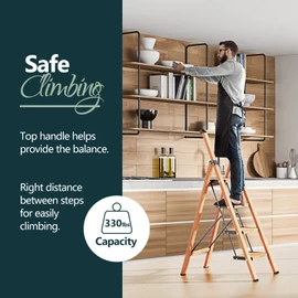 WOA WOA 4 Step Ladder, Ladders for Home, Anti-Slip Pedals, Aluminum Step Stool Foldable, Lightweight to Move, Ease of Storage, Reach 9ft for Closet Kitchen Library, Hold 300lbs - Wood Grain