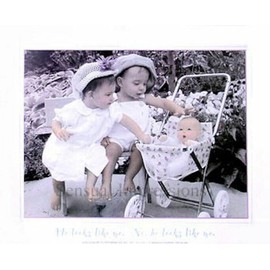 Two Toddlers with a Baby in a Stroller Hand Colorized Photograph Art 10" by 8".