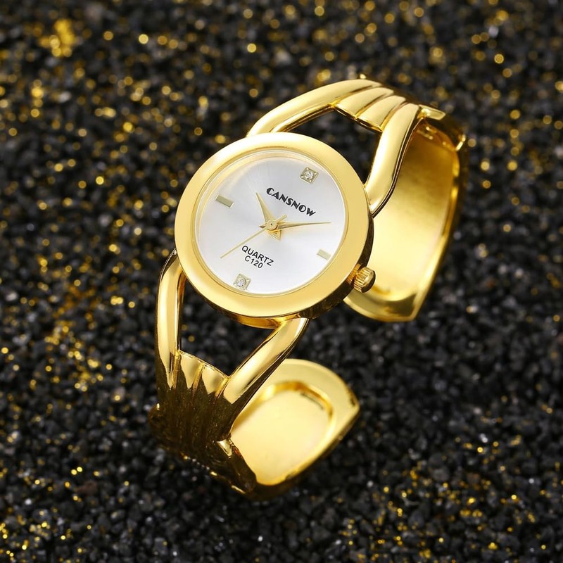 Weicam Women Simple Gold Round Dial Cuff Bangle Bracelet Analog
