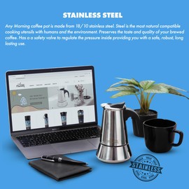 Any Morning Espresso Stovetop Coffee Maker, Cuban Italian Coffee Maker Stovetop, Moka Pot Induction, Stainless Steel Moka Coffee Maker, PBA Free Greca Coffee Maker, 10 Oz, 6 Expresso Cups Silver