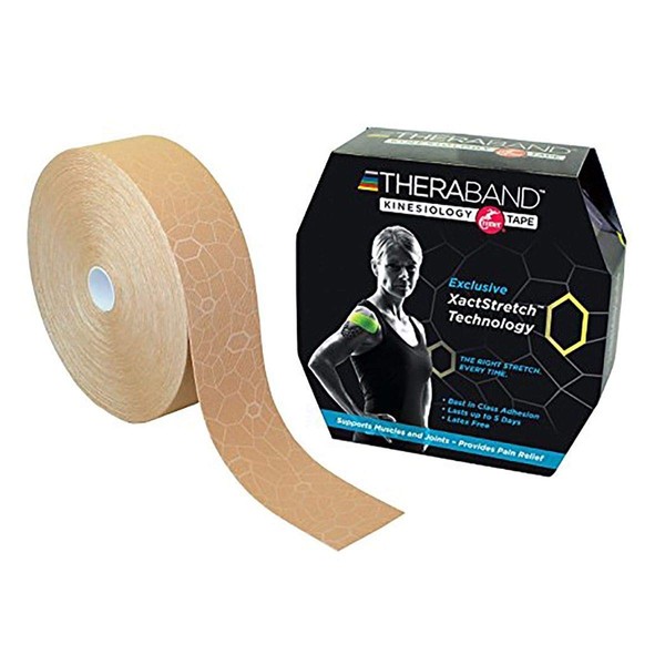 TheraBand Kinesiology Tape, Waterproof Physio Tape for Pain Relief, Muscle & Joint Support, Standard Roll with XactStretch Application Indicators, 2 Inch x 103.3 Foot Bulk Roll, Beige/Beige