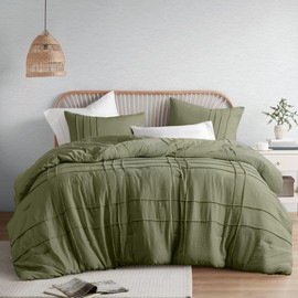 Comfort Spaces Olive Green Queen Size Comforter Set - 3 Pieces Pintuck Pleated Bedding Sets Queen, All Season Lightweight, Extra Softness Pre-Washed Microfiber Queen Bed Set, Shams, Queen