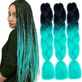 ColorfulPanda 3 Pieces Ombre Black Cyan Jumbo Braid Synthetic Hair 24 Inches 100 g Kanekalon Hair Braiding Extensions for Crochet Twist Braiding Hair