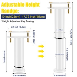Olldag New 4 PCS Adjustable Height Bed Support Legs 10-17.72 Inch, Bed Center Replacement Legs, Metal Heavy Duty Furniture Support Legs for Bed Frame/Bed Center Slat (White)