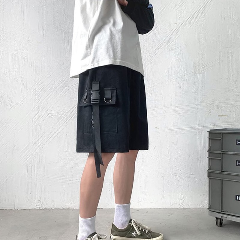 Black Cargo Shorts with Chain Shorts Fairy Grunge Clothes Techwear