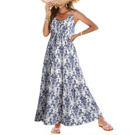 Dokotoo Summer Dress Casual Womens Fashion Boho Sleeveless Printed Long Maxi Dress Vacation Outfits for Women Summer Dresses for Women 2025 Plus Size Dresses Blue X Large