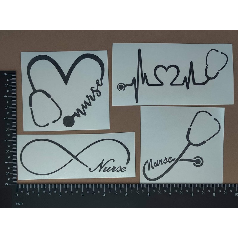 Nurse Decal Pack: Heart, Heartbeat, Infinity, Stethoscope (Black, Small 3.5")