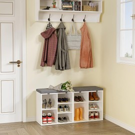 IDEALHOUSE Shoe Storage Bench with Cushion for Entryway, 20" Storage Rack Bench with Padded Seat, Cubby Seat Shoe Cabinet with 3-Tier Adjustable Shelf for Living Room Hallway, White