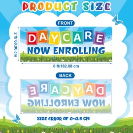 AceOrbit 2 x 6 Feet Daycare Now Enrolling Banner Sign with Grommet Polyester Fabric Weatherproof Daycare Sign for Schools Childcare Centers Business