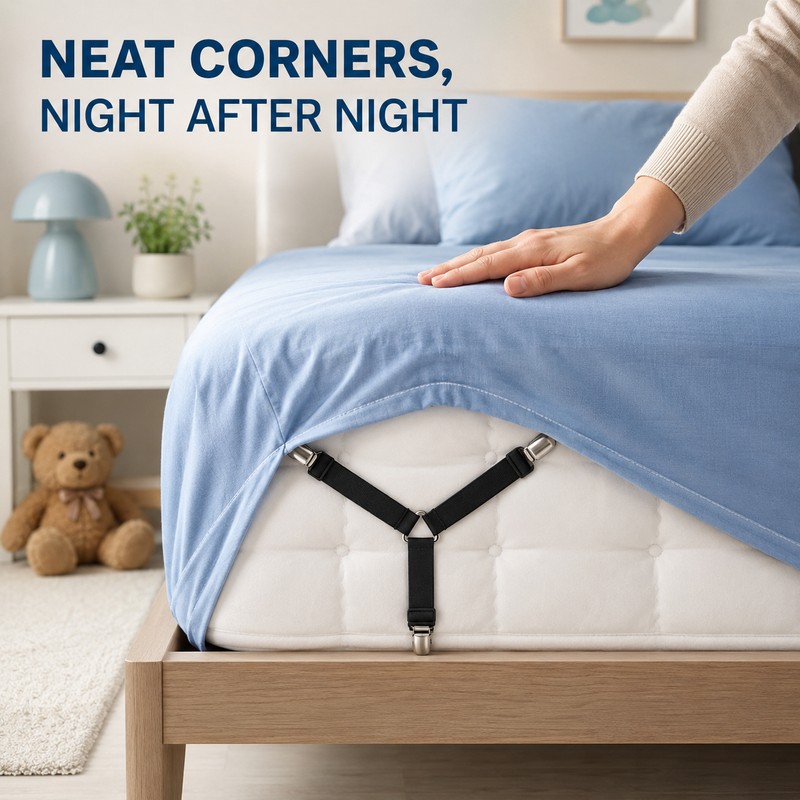 Adjustable Crisscross Bed Sheet Holder Straps with 12 Clips, Black