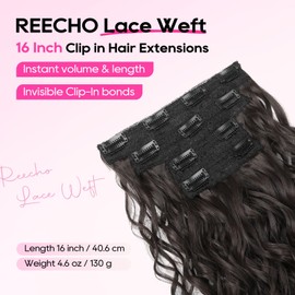 REECHO Curly Hair Extensions, 4PCS 16 inch Clip in Hair Extensions Lace Weft Short Curly Hair Extension Clip Ins Invisible Natural Hairpieces for Women, Natural Black Brown