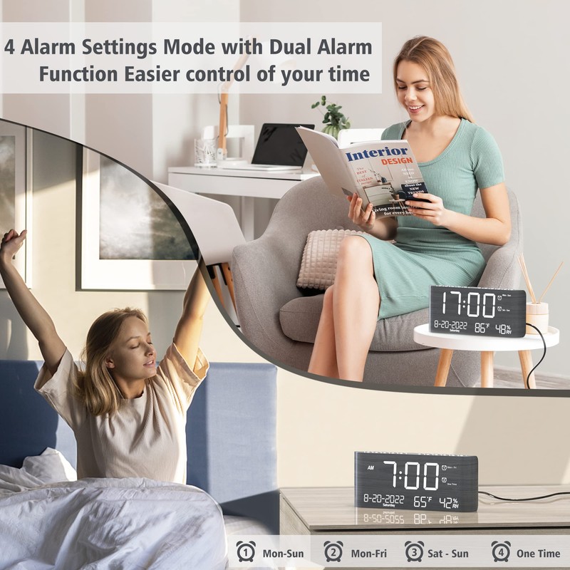 Mesqool Digital Alarm Clock, with Calendar Temperature and Humidity, Loud