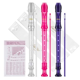 Eastar ERS-3G1 3 PCS German Soprano Recorder 8 Hole C Key 3 Piece Instrument With Fingering Chart Cleaning Rod and Bag,Transparent Pink Purple