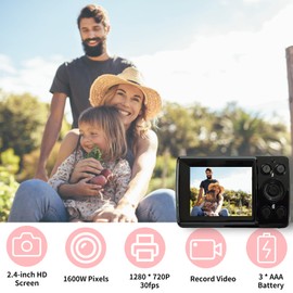 Mini Video Camera, 2.4 Inch LCD Screen, Digital Camera with Top Sensor, Full HD 1600W Portable Compact Camera, 4X Digital Zoom, Extra Light (Black)