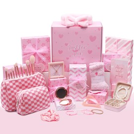 Joyliss Easter Gifts for Tween & Teen Girls, 11PCS Birthday Gifts Basket Teen Girls Gifts Trendy Stuff with Empowering Challenges & Makeup Brushes & Bag, Positive Wrapped Gift Box for Daughter Niece