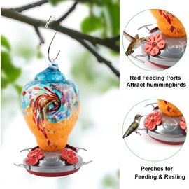 WOSIBO Hummingbird Feeder for Outdoors Patio Large 32 Ounces Colorful Hand Blown Glass Hummingbird Feeder with Ant Moat Hanging Hook, Rope, Brush and Service Card (Blue-Orange)