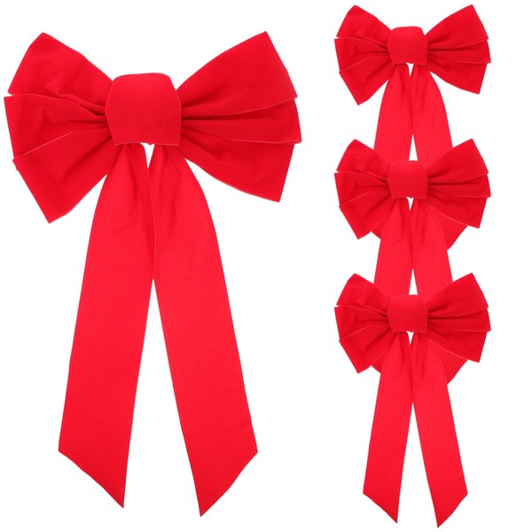 VORCOOL Pack of 4 Christmas Red Velvet Bow Decor Tree Bowknot Decor Beautiful Lint Bowknot Ornament for Christmas Festival Party (Size: 25 cm x 40 cm)